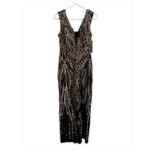 Gianni Bini Jackie Black  Copper Sequin Evening Cocktail Low Maxi Dress, Size 4